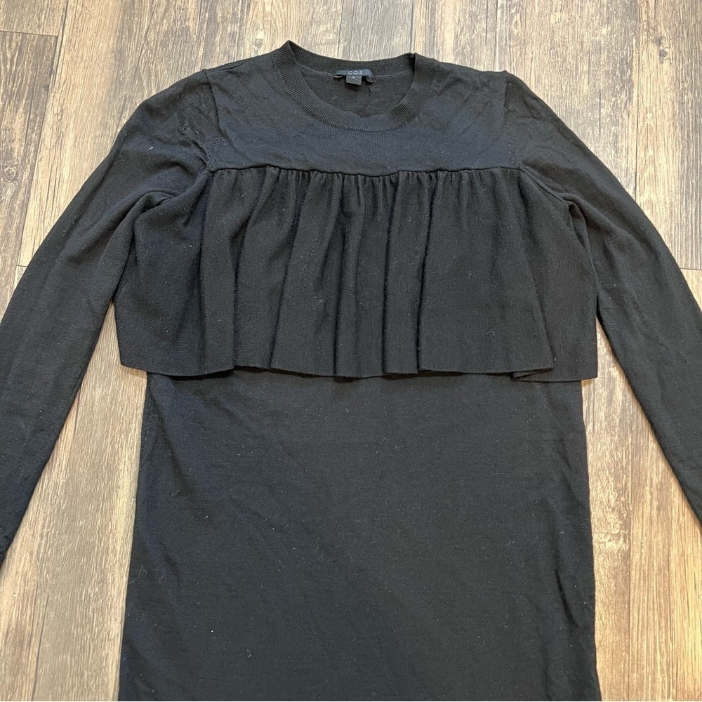 COS Black Long Sleeve Ruffled Trim Sweater Dress Mid Length Stretch Holiday XS - Picture 6 of 9